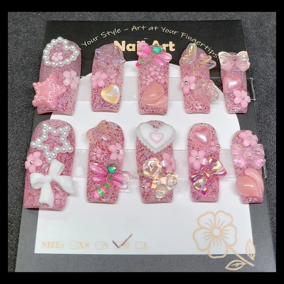 Pink 3D Floral Handmade Hard Gel Press On Nails - Picture 2 of 2